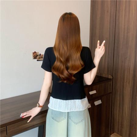 夏装新款大码女装胖mm黑色假两件蕾丝t恤衬衫设计感衬衣  服裝批發女裝批發服飾貨源