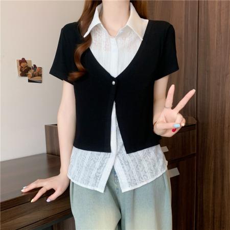 夏装新款大码女装胖mm黑色假两件蕾丝t恤衬衫设计感衬衣  服裝批發女裝批發服飾貨源