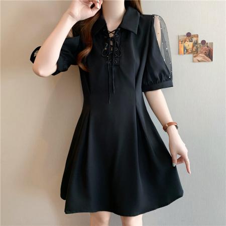 夏季新款大码女装胖mm轻纱泡泡袖收腰露肩收腰黑色连衣裙  服裝批發女裝批發服飾貨源