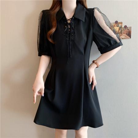 夏季新款大码女装胖mm轻纱泡泡袖收腰露肩收腰黑色连衣裙  服裝批發女裝批發服飾貨源