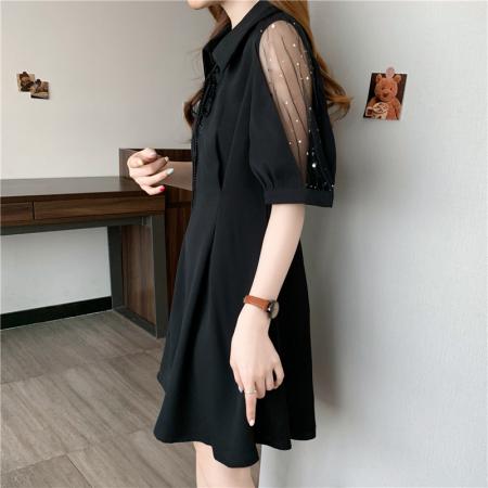 夏季新款大码女装胖mm轻纱泡泡袖收腰露肩收腰黑色连衣裙  服裝批發女裝批發服飾貨源