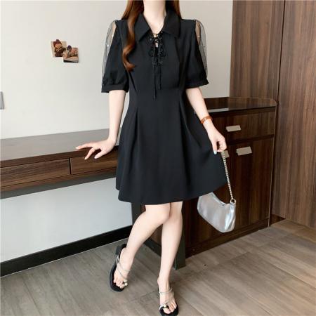 夏季新款大码女装胖mm轻纱泡泡袖收腰露肩收腰黑色连衣裙  服裝批發女裝批發服飾貨源