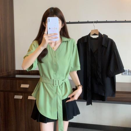 夏季新款大码女装胖mm洋气衬衫不规则收腰显瘦上衣连衣裙  服裝批發女裝批發服飾貨源