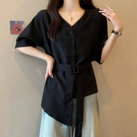 夏季新款大码女装胖mm洋气衬衫不规则收腰显瘦上衣连衣裙  服裝批發女裝批發服飾貨源