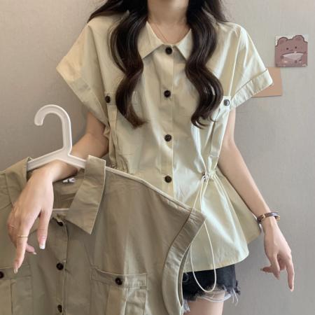 夏装新款大码女装微胖mm收腰显瘦抽绳衬衫设计感百搭衬衣  服裝批發女裝批發服飾貨源