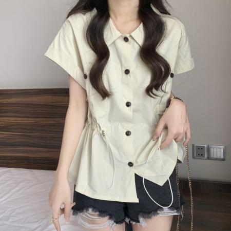 夏装新款大码女装微胖mm收腰显瘦抽绳衬衫设计感百搭衬衣  服裝批發女裝批發服飾貨源