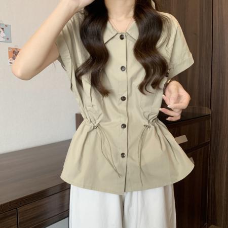 夏装新款大码女装微胖mm收腰显瘦抽绳衬衫设计感百搭衬衣  服裝批發女裝批發服飾貨源