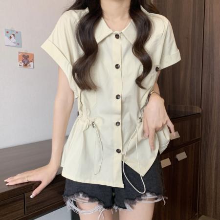 夏装新款大码女装微胖mm收腰显瘦抽绳衬衫设计感百搭衬衣  服裝批發女裝批發服飾貨源