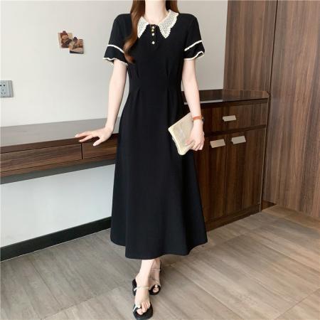 夏季新款大码女装胖mm学院风雪纺翻领A字短袖黑色连衣裙  服裝批發女裝批發服飾貨源