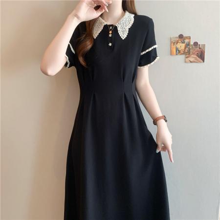 夏季新款大码女装胖mm学院风雪纺翻领A字短袖黑色连衣裙  服裝批發女裝批發服飾貨源