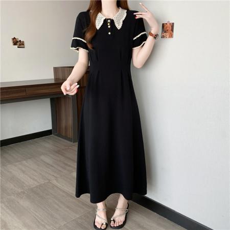 夏季新款大码女装胖mm学院风雪纺翻领A字短袖黑色连衣裙  服裝批發女裝批發服飾貨源