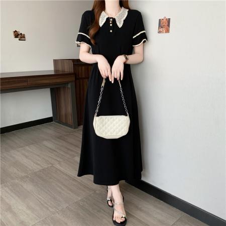夏季新款大码女装胖mm学院风雪纺翻领A字短袖黑色连衣裙  服裝批發女裝批發服飾貨源