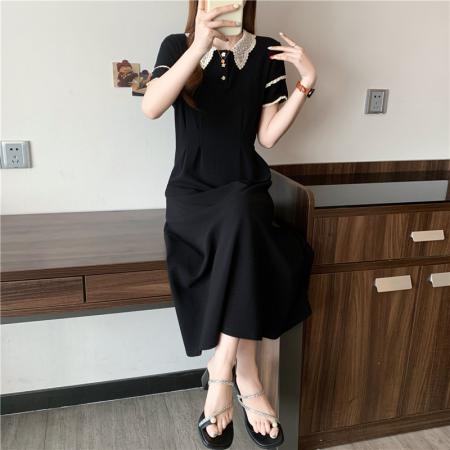 夏季新款大码女装胖mm学院风雪纺翻领A字短袖黑色连衣裙  服裝批發女裝批發服飾貨源