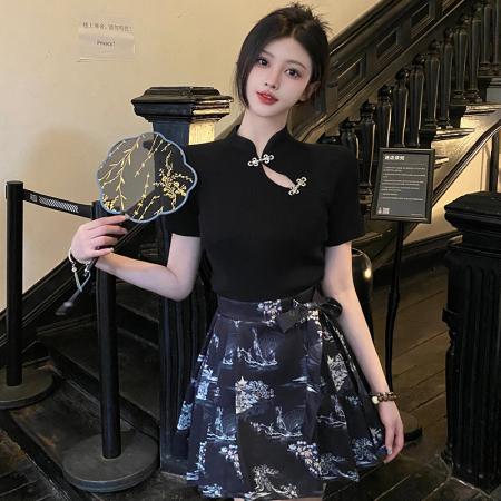 BY13939# 夏装新款大码女装新中式盘扣打底针织衫马面半身裙两件套  服裝批發女裝批發服飾貨源