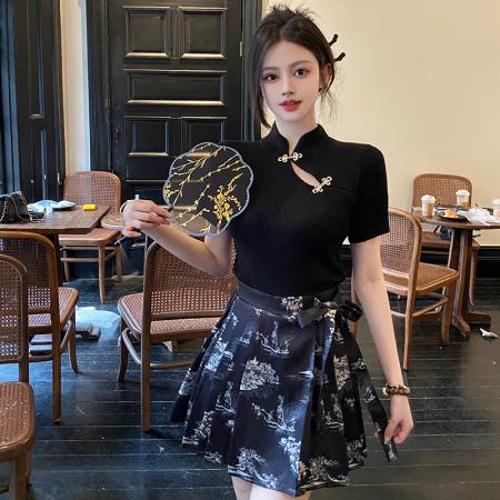 BY13939# 夏装新款大码女装新中式盘扣打底针织衫马面半身裙两件套  服裝批發女裝批發服飾貨源