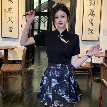 BY13939# 夏装新款大码女装新中式盘扣打底针织衫马面半身裙两件套  服裝批發女裝批發服飾貨源