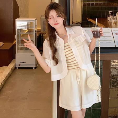 BY13940# 夏季新款大码女装条纹打底吊带开衫衬衣宽松短裤三件套潮  服裝批發女裝批發服飾貨源