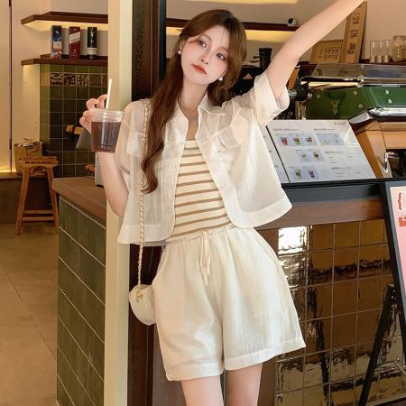 BY13940# 夏季新款大码女装条纹打底吊带开衫衬衣宽松短裤三件套潮  服裝批發女裝批發服飾貨源