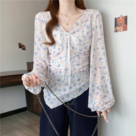 春装新款大码女装胖mm设计感小众衬衫V领碎花雪纺衫上衣  服裝批發女裝批發服飾貨源
