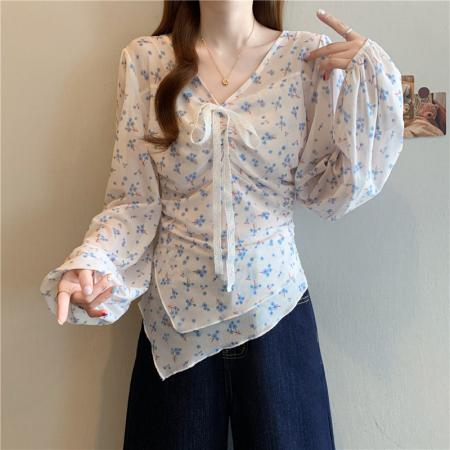 春装新款大码女装胖mm设计感小众衬衫V领碎花雪纺衫上衣  服裝批發女裝批發服飾貨源