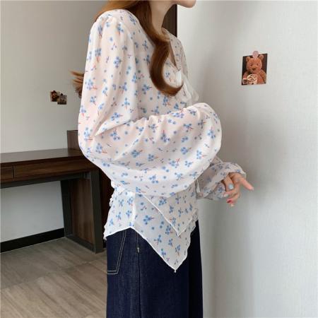 春装新款大码女装胖mm设计感小众衬衫V领碎花雪纺衫上衣  服裝批發女裝批發服飾貨源