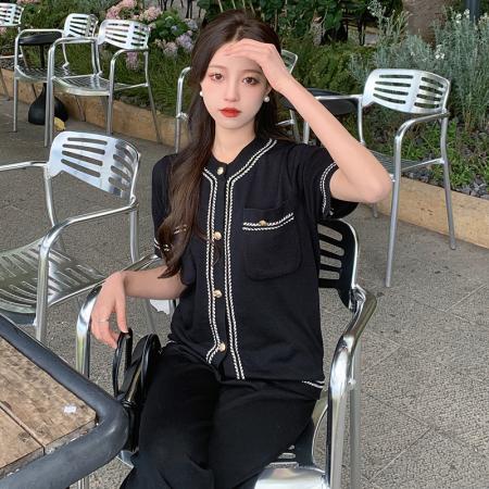 夏装新款大码女装胖mm短袖针织上衣+高腰阔腿长裤两件套  服裝批發女裝批發服飾貨源