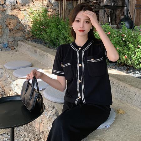 夏装新款大码女装胖mm短袖针织上衣+高腰阔腿长裤两件套  服裝批發女裝批發服飾貨源