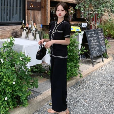 夏装新款大码女装胖mm短袖针织上衣+高腰阔腿长裤两件套  服裝批發女裝批發服飾貨源