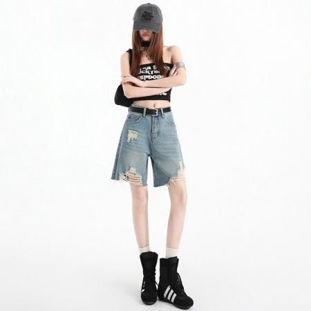 BY13943# 蓝色牛仔五分裤女春夏新款设计感破洞中裤  服裝批發女裝批發服飾貨源