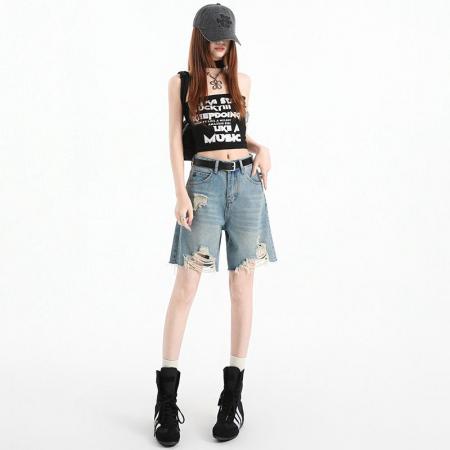 BY13943# 蓝色牛仔五分裤女春夏新款设计感破洞中裤  服裝批發女裝批發服飾貨源