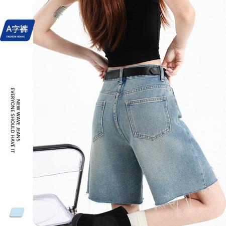 BY13943# 蓝色牛仔五分裤女春夏新款设计感破洞中裤  服裝批發女裝批發服飾貨源