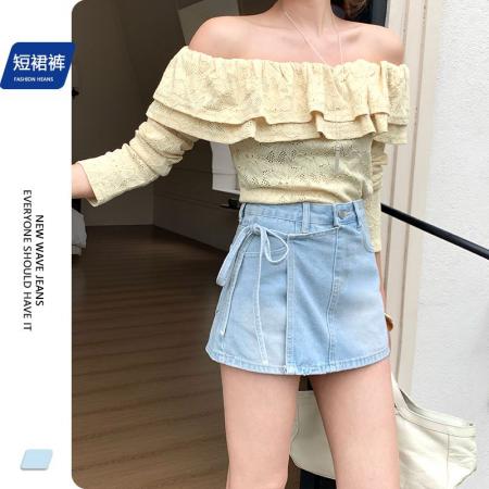 BY13944# 奶蓝色牛仔高腰短裙裤春季新款设计感绑带显瘦A字裙子  服裝批發女裝批發服飾貨源