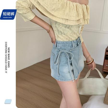 BY13944# 奶蓝色牛仔高腰短裙裤春季新款设计感绑带显瘦A字裙子  服裝批發女裝批發服飾貨源