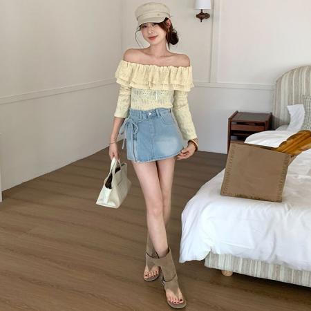 BY13944# 奶蓝色牛仔高腰短裙裤春季新款设计感绑带显瘦A字裙子  服裝批發女裝批發服飾貨源