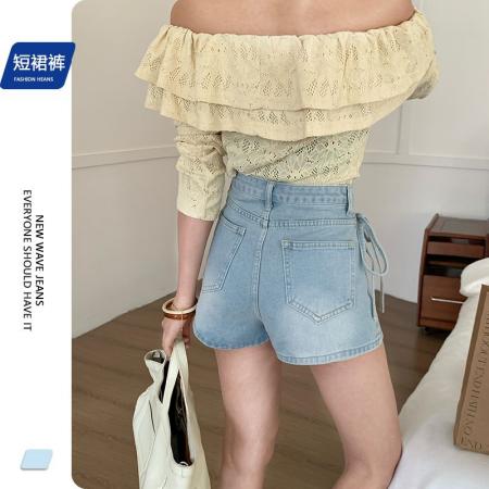 BY13944# 奶蓝色牛仔高腰短裙裤春季新款设计感绑带显瘦A字裙子  服裝批發女裝批發服飾貨源