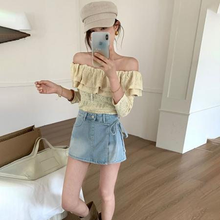 BY13944# 奶蓝色牛仔高腰短裙裤春季新款设计感绑带显瘦A字裙子  服裝批發女裝批發服飾貨源