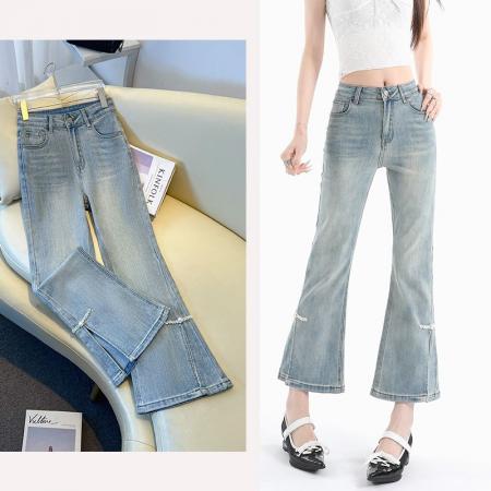 BY13945# 春夏新款弹力微喇叭裤重工艺开叉八分裤九分裤小个子款  服裝批發女裝批發服飾貨源