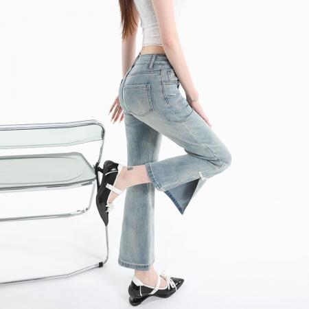 BY13945# 春夏新款弹力微喇叭裤重工艺开叉八分裤九分裤小个子款  服裝批發女裝批發服飾貨源