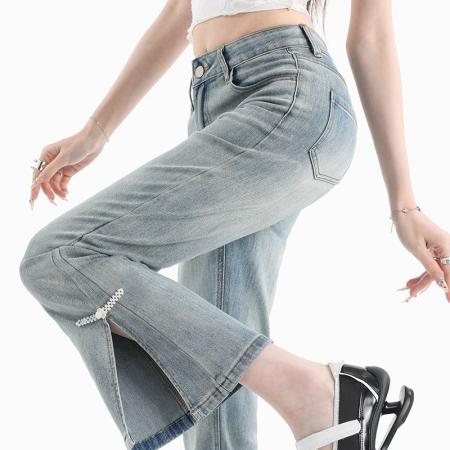 BY13945# 春夏新款弹力微喇叭裤重工艺开叉八分裤九分裤小个子款  服裝批發女裝批發服飾貨源