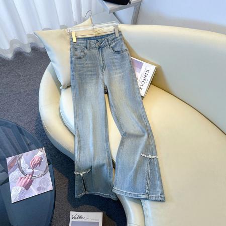 BY13945# 春夏新款弹力微喇叭裤重工艺开叉八分裤九分裤小个子款  服裝批發女裝批發服飾貨源