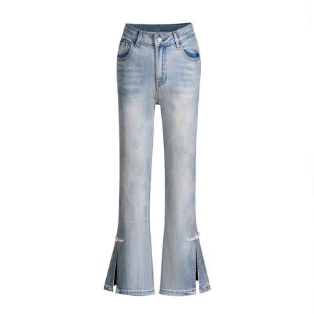 BY13945# 春夏新款弹力微喇叭裤重工艺开叉八分裤九分裤小个子款  服裝批發女裝批發服飾貨源