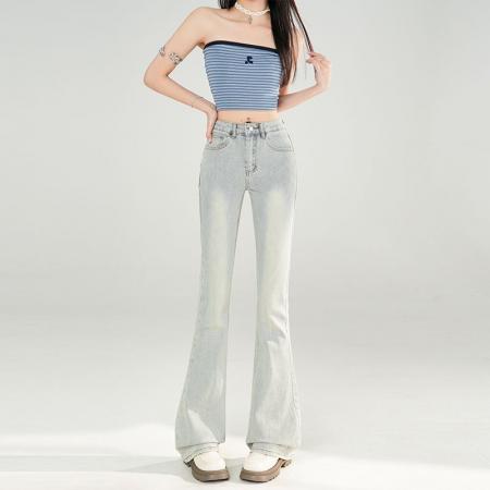 BY13946# 简约高级｜基础时髦感｜气质辣妹｜浅色显瘦微喇叭裤女  服裝批發女裝批發服飾貨源