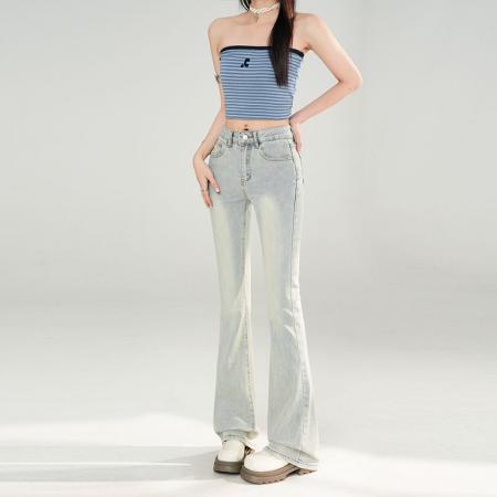 BY13946# 简约高级｜基础时髦感｜气质辣妹｜浅色显瘦微喇叭裤女  服裝批發女裝批發服飾貨源