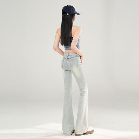 BY13946# 简约高级｜基础时髦感｜气质辣妹｜浅色显瘦微喇叭裤女  服裝批發女裝批發服飾貨源