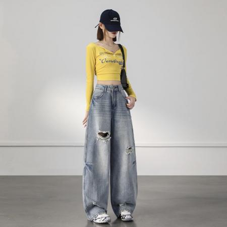 BY13947# 破洞复古宽松阔腿裤潮酷i春夏新款弯刀宽松牛仔裤女&长裤加长  服裝批發女裝批發服飾貨源