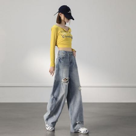 BY13947# 破洞复古宽松阔腿裤潮酷i春夏新款弯刀宽松牛仔裤女&长裤加长  服裝批發女裝批發服飾貨源
