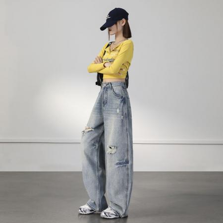 BY13947# 破洞复古宽松阔腿裤潮酷i春夏新款弯刀宽松牛仔裤女&长裤加长  服裝批發女裝批發服飾貨源