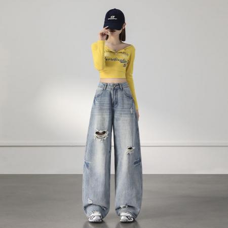 BY13947# 破洞复古宽松阔腿裤潮酷i春夏新款弯刀宽松牛仔裤女&长裤加长  服裝批發女裝批發服飾貨源