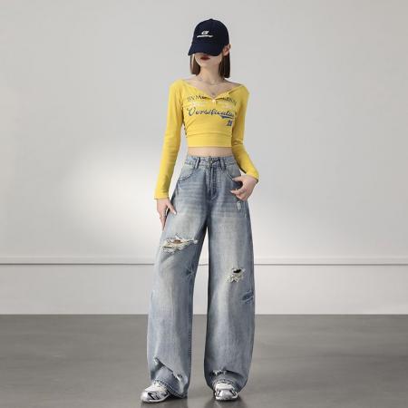 BY13947# 破洞复古宽松阔腿裤潮酷i春夏新款弯刀宽松牛仔裤女&长裤加长  服裝批發女裝批發服飾貨源