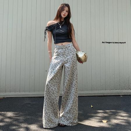 BY13948# 夏季新款碎花工艺休闲裤女宽松显瘦百搭直筒阔腿牛仔裤女  服裝批發女裝批發服飾貨源